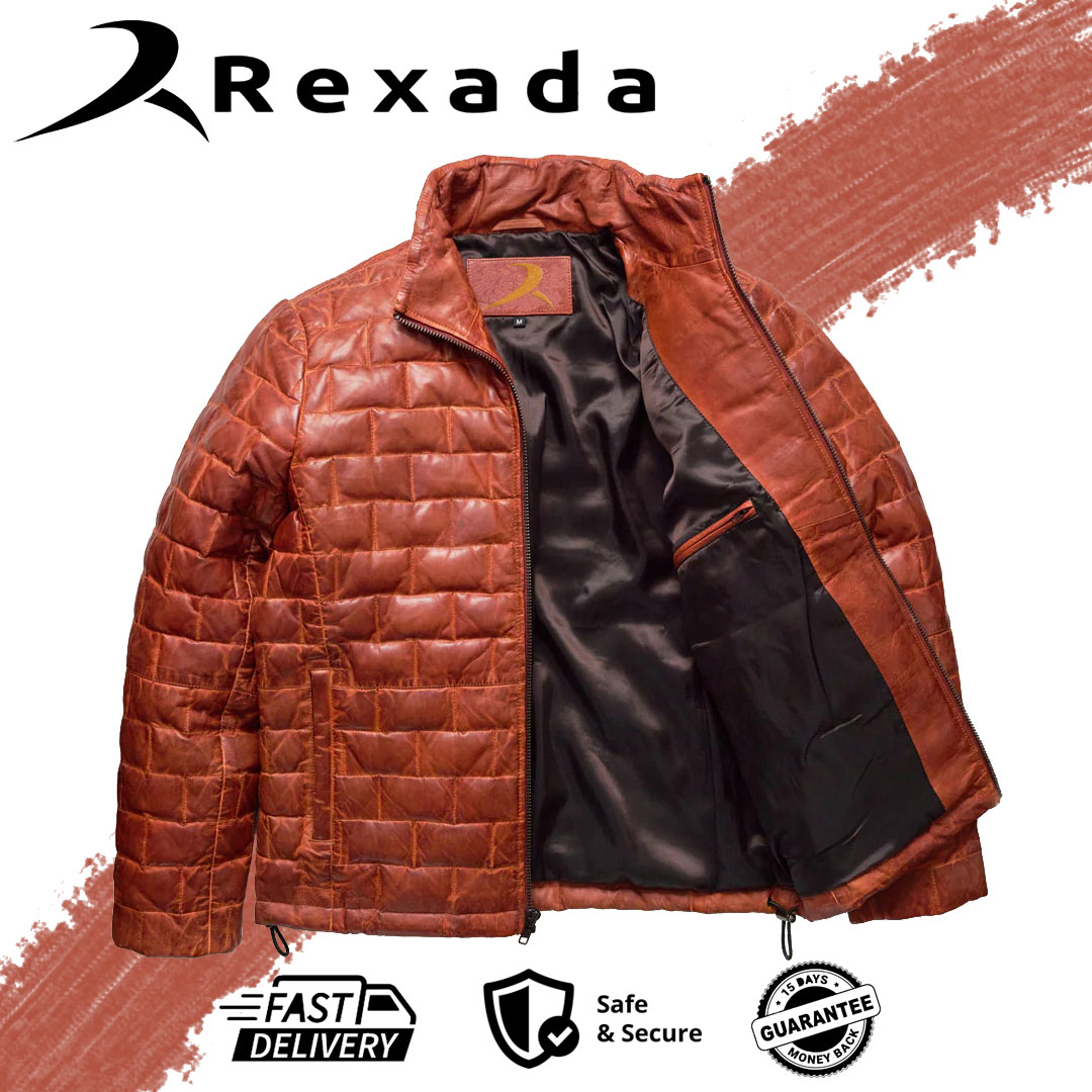 Whiskey Brown Leather Down Jacket – Men’s Winter Luxury