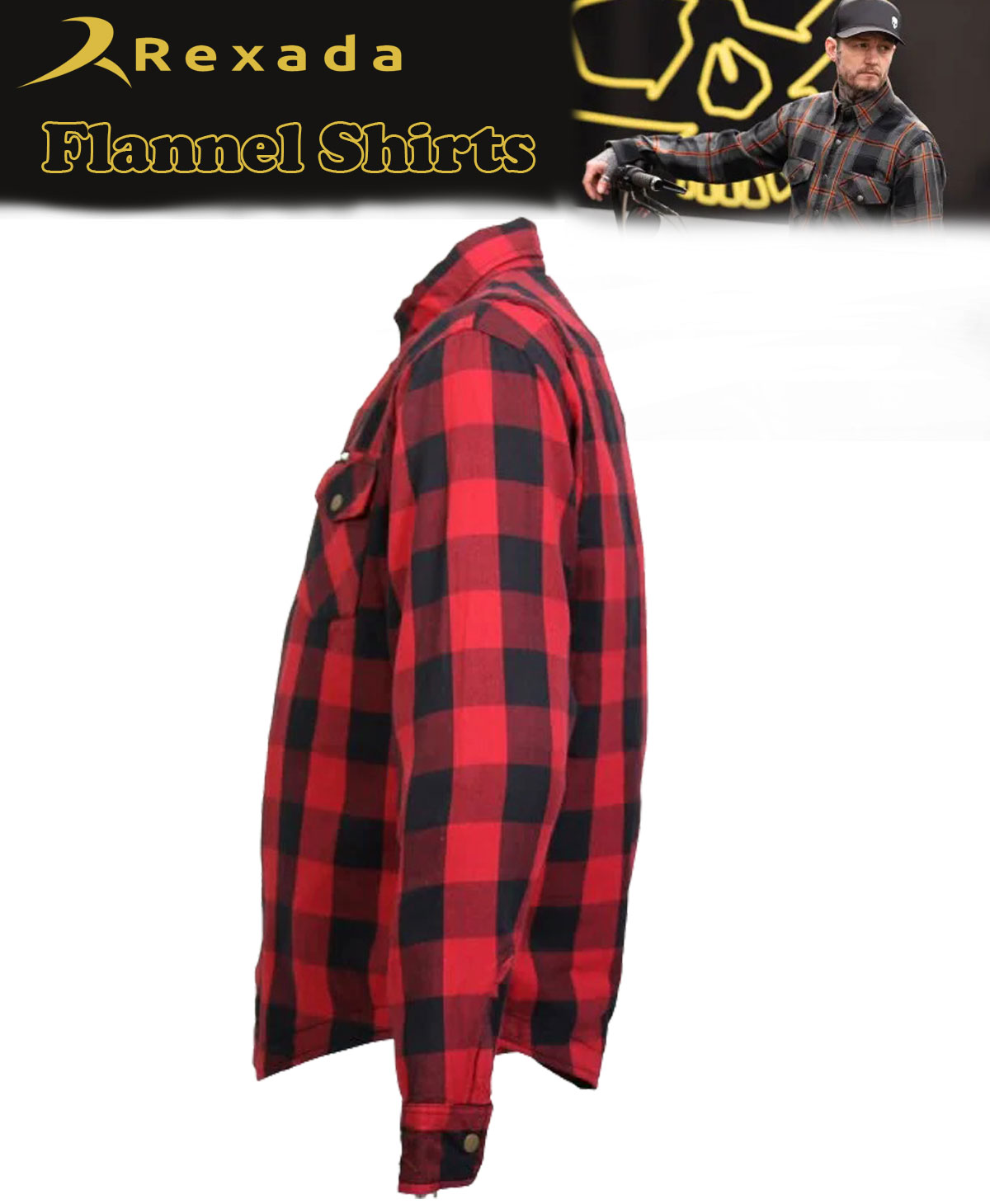 Men’s Red and Black Armored Flannel Motorcycle Shirt-Jacket with CE Armor Protection