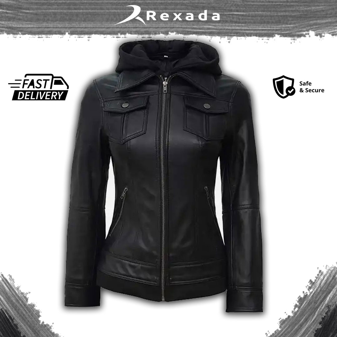 Rexada Rebel Edge Women’s Hooded Leather Jacket – Fearless. Stylish. Unstoppable.