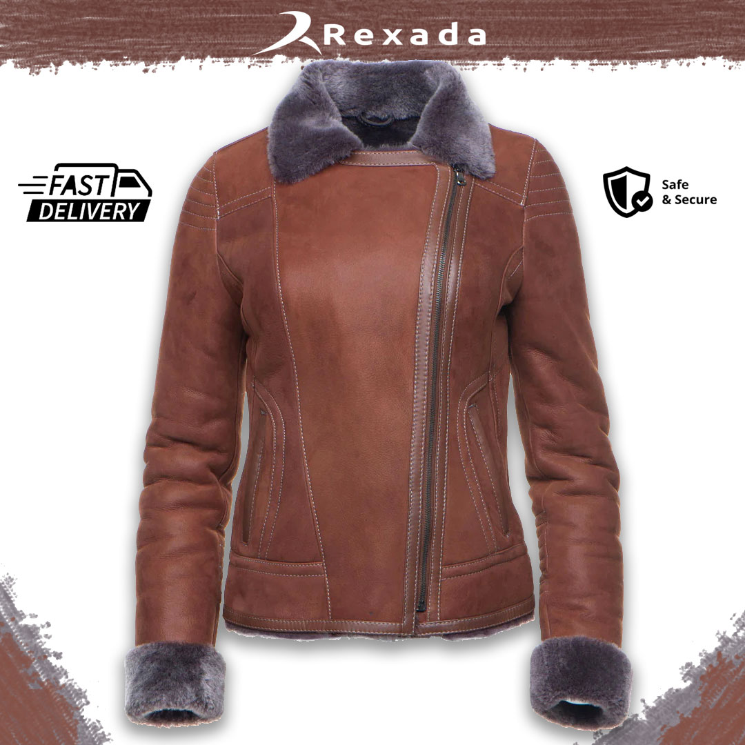Aria Women’s Brown Shearling Leather Jacket – Classic Winter Style
