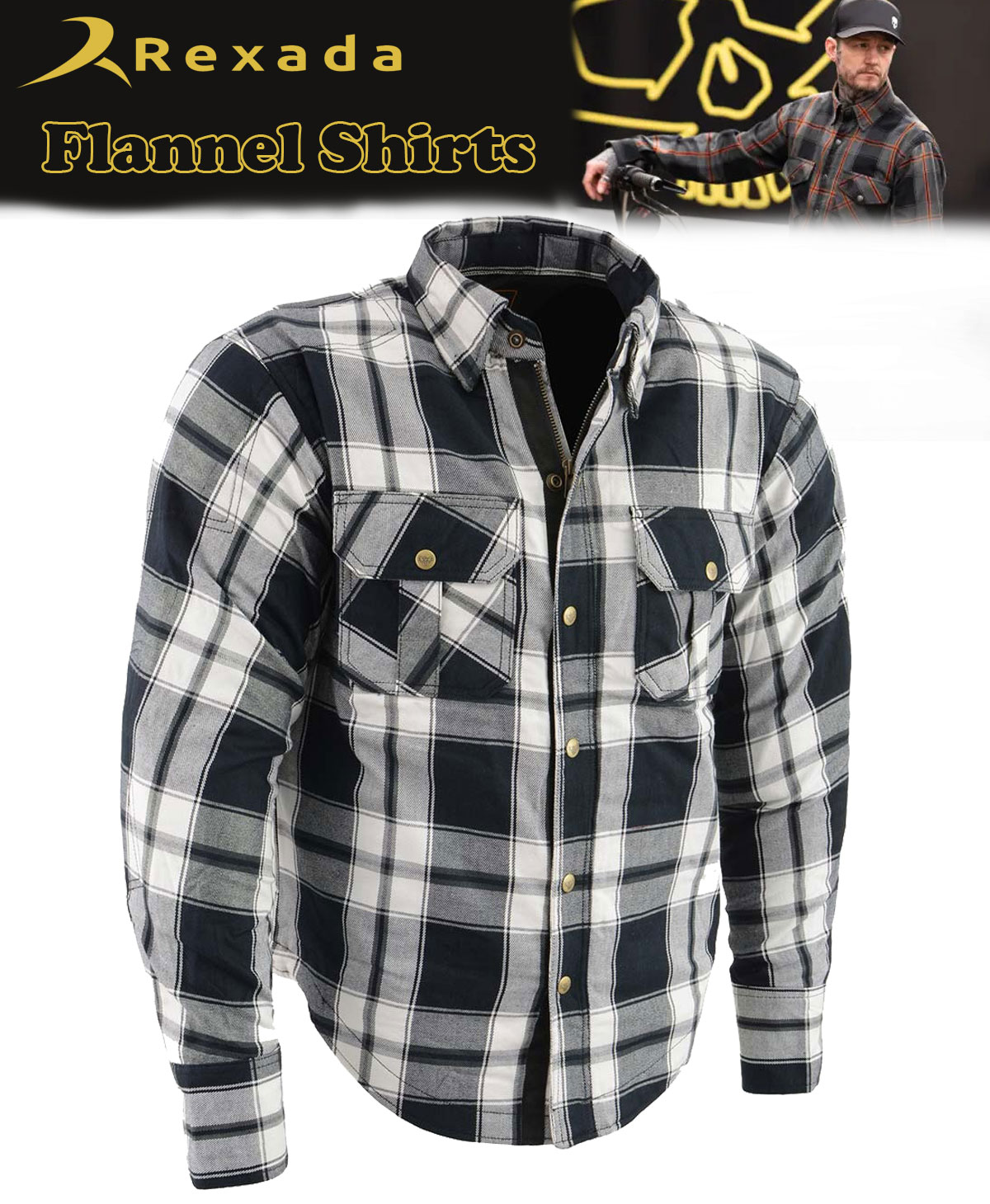Men’s Plaid Flannel Biker Shirt with CE Approved Armor – Reinforced with Aramid Fiber