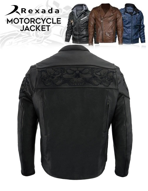 Men's Crossover Black Leather Scooter Jacket with Reflective Skulls