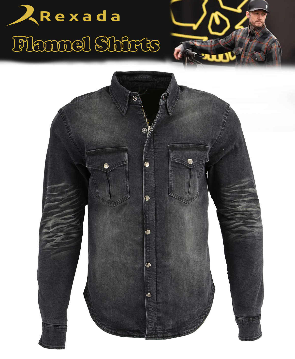 Men's Black Flannel Biker Shirt w/ CE Approved Armor – Reinforced with Aramid Fibers
