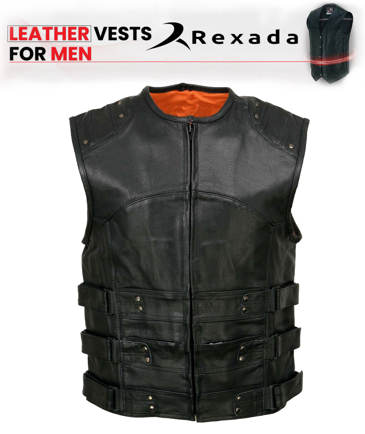 Men's Black Premium Leather V-Neck Motorcycle Rider Vest w/ Buffalo Nickel Snaps Closure