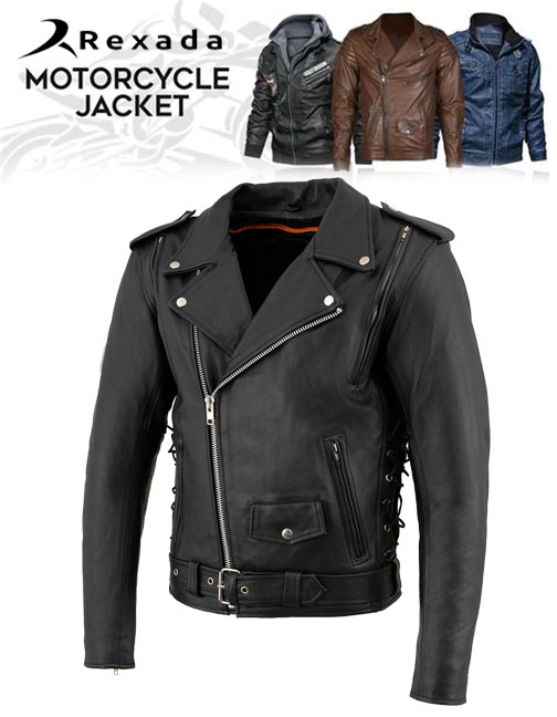 Men's Black Leather Vintage Brando Style Motorcycle Riders Jacket with Side Laces