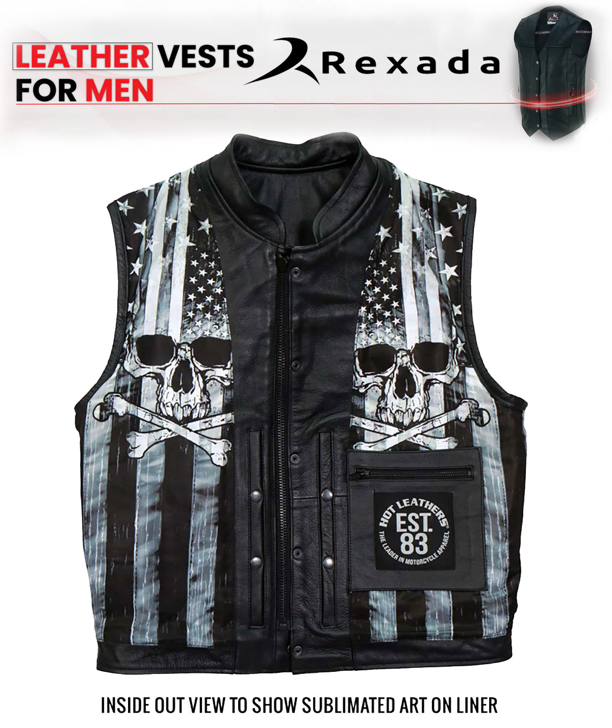 Men’s Black 'Skull Flag' Conceal and Carry Leather Vest