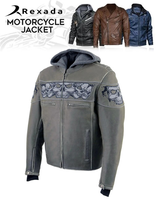 Men's Distressed Grey Leather Jacket with Reflective Skulls