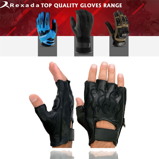  Men's Black Leather Gel Padded Palm Fingerless Motorcycle Hand Gloves W/ ‘Open Knuckle’ & Detailing