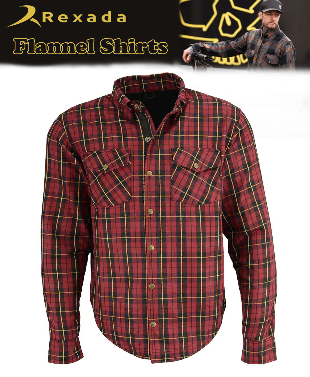 Men’s Plaid Flannel Biker Shirt with CE Approved Armor – Reinforced with Aramid Fiber