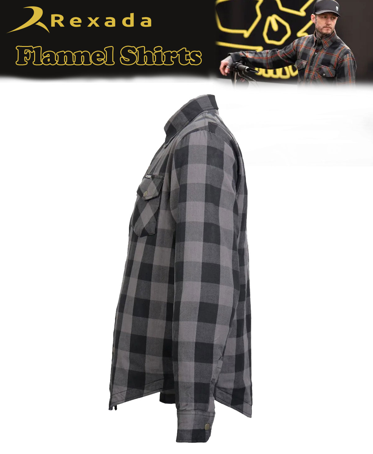 Men's Grey and Black Armored Flannel Motorcycle Shirt