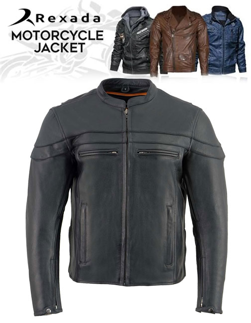  Men's Sporty Crossover Vented Black Motorcycle Leather Scooter Jacket