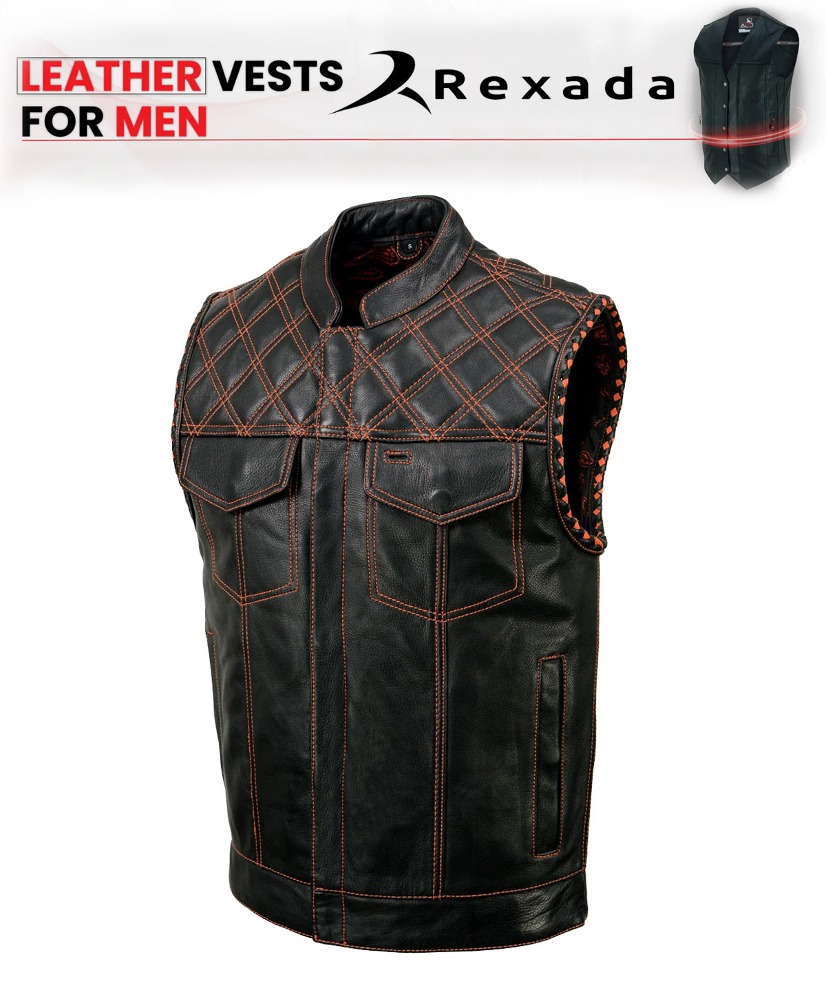  Men's Black 'Paisley' Accented Red Stitching Leather Vest – w/ Armhole Trim Open Collar Design