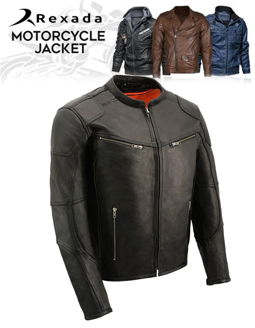 Men's Black Premium Leather Vented Motorcycle Biker Jacket w/ Cool-Tec Leather Treatment Tech
