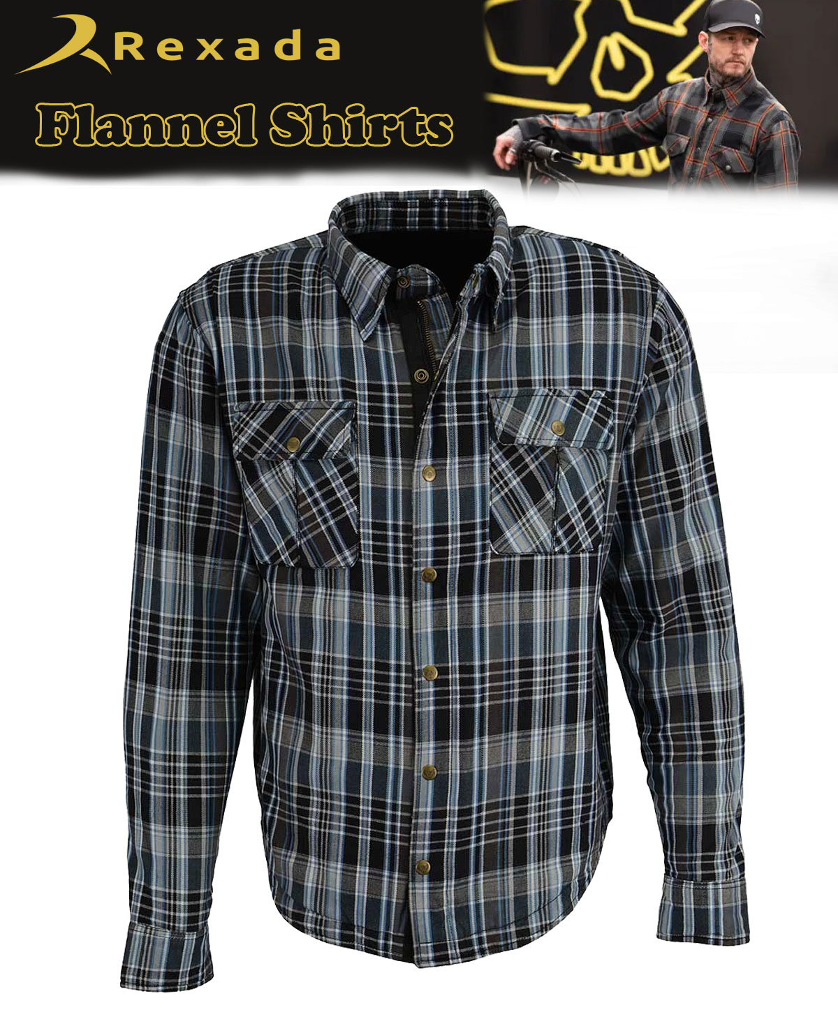 Men’s Plaid Flannel Biker Shirt with CE Approved Armor – Reinforced with Aramid Fiber