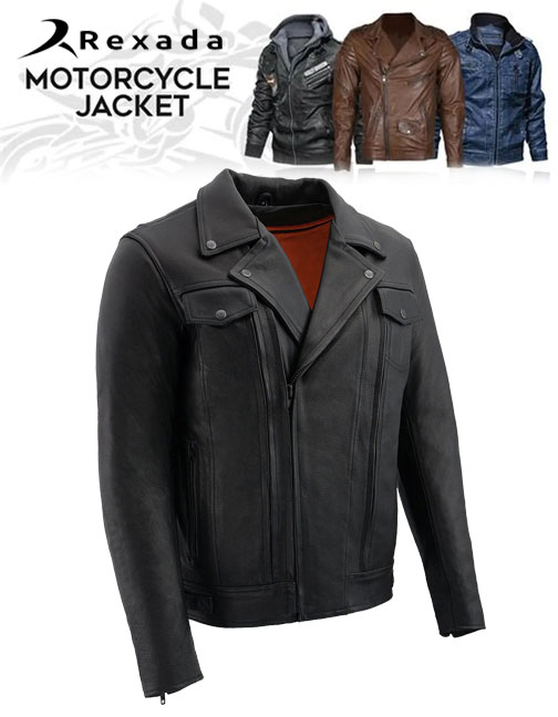 Men's Black Premium Leather Motorcycle Vented Leather Jacket w/ Multi-Utility Pockets