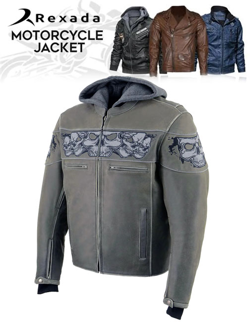 Men's Distressed Grey Leather Jacket with Reflective Skulls