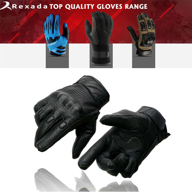 Men's Black Perforated Leather Gel Padded Palm Motorcycle Hand Gloves W/ 'Rubberized Hard Knuckle’ For Protection