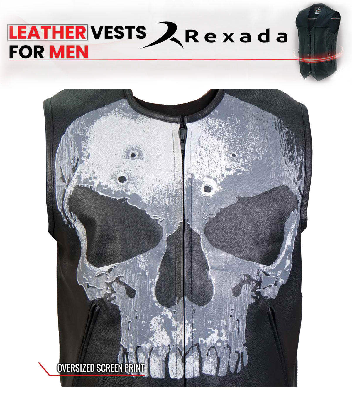  Men's Black ‘Jumbo Skull’ Conceal and Carry Leather Vest
