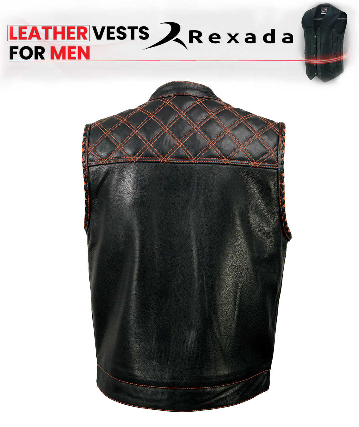  Men's Black 'Paisley' Accented Red Stitching Leather Vest – w/ Armhole Trim Open Collar Design