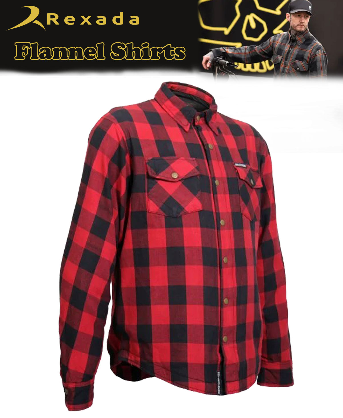 Men’s Red and Black Armored Flannel Motorcycle Shirt-Jacket with CE Armor Protection