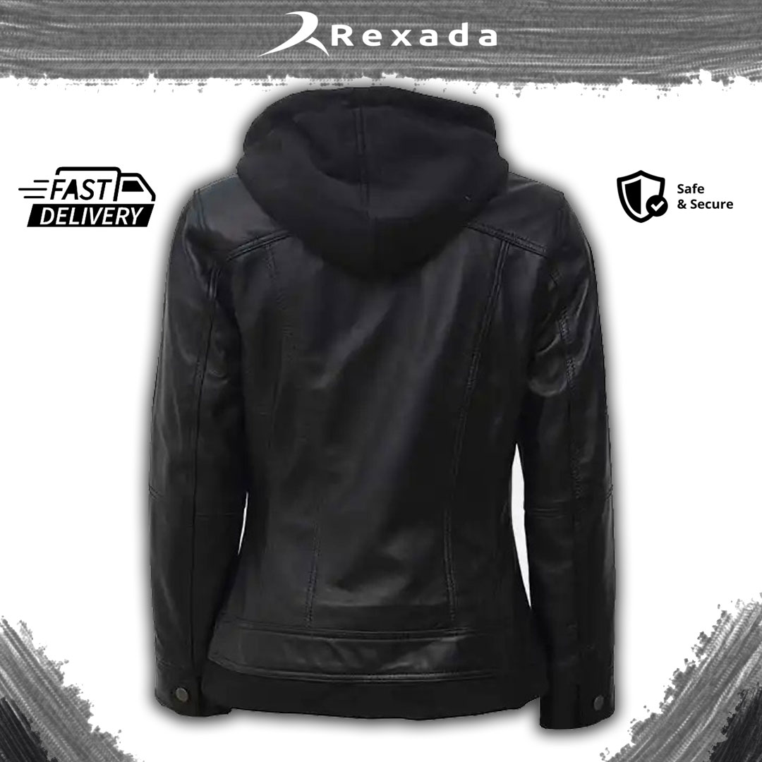 Rexada Rebel Edge Women’s Hooded Leather Jacket – Fearless. Stylish. Unstoppable.