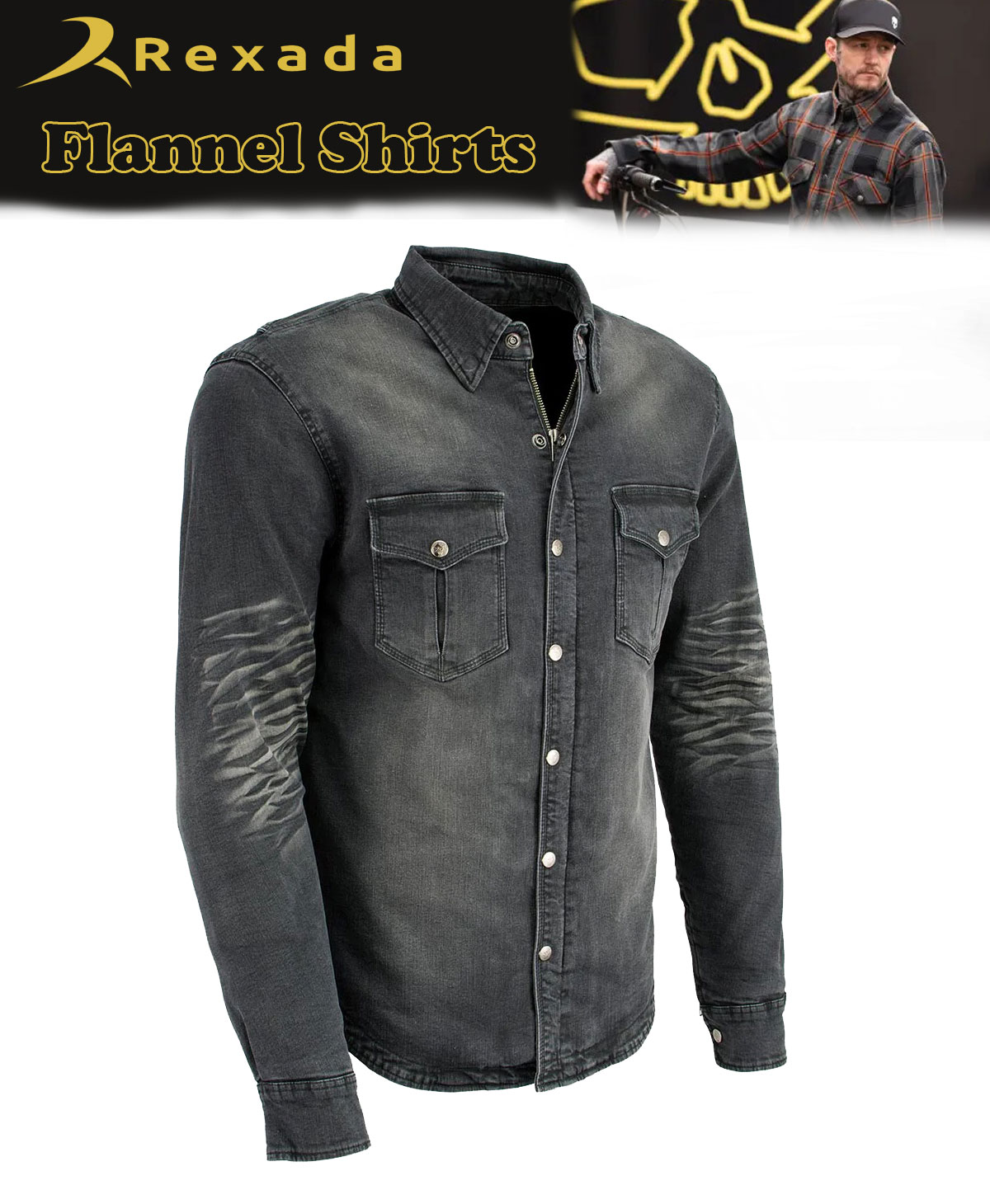 Men's Black Flannel Biker Shirt w/ CE Approved Armor – Reinforced with Aramid Fibers