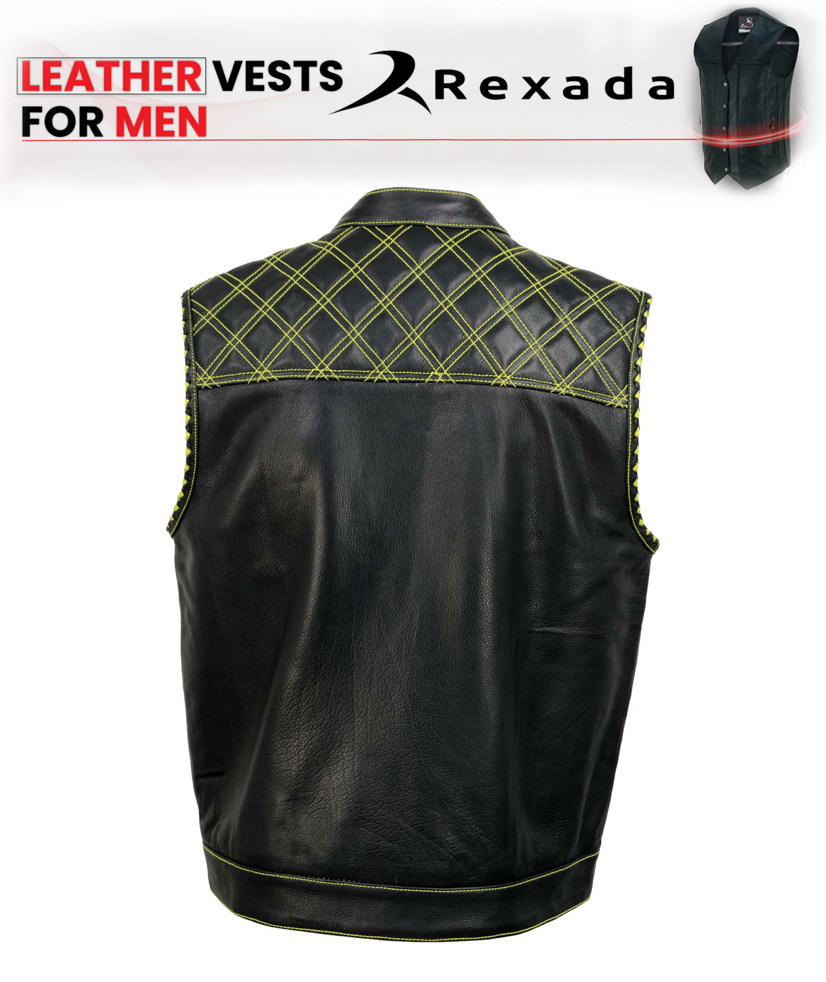 Men's Black Paisley Lined Leather Vest w/ Neon Green Stitching & Armhole Trim