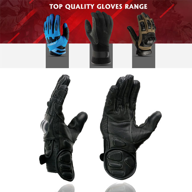 Men's Black Perforated Leather Racing Motorcycle Gloves w/ Padded Fingers