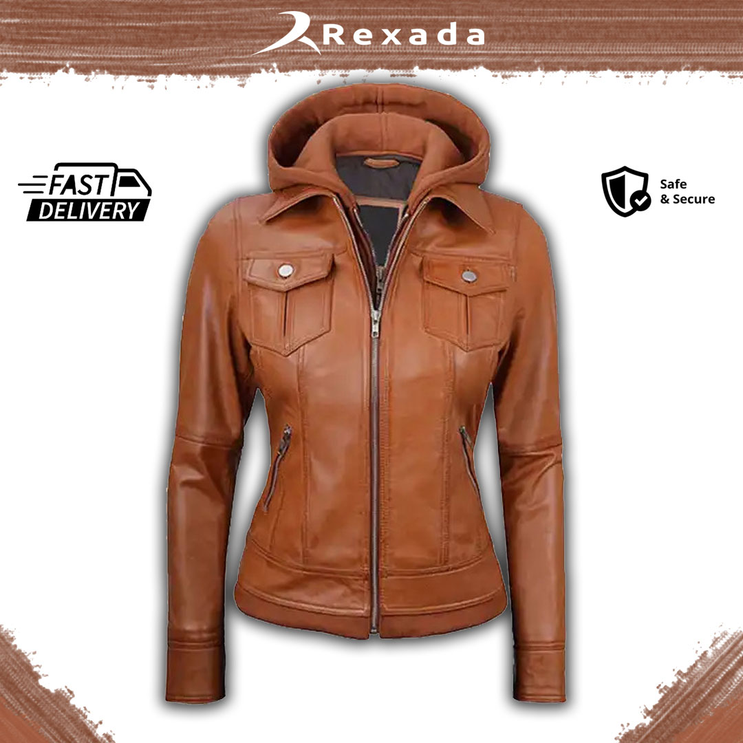 Rexada Shadow Mist Women’s Leather Hoodie – Bold. Sleek. Effortlessly Chic.