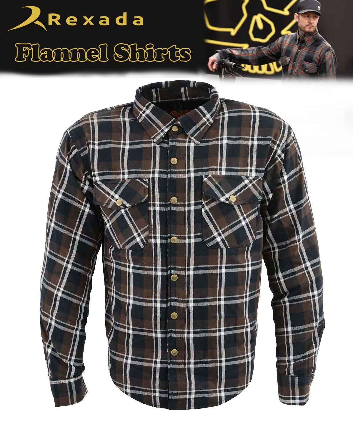Men’s Plaid Flannel Biker Shirt with CE Approved Armor – Reinforced with Aramid Fiber