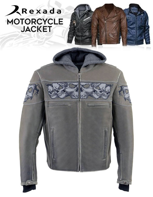 Men's Distressed Grey Leather Jacket with Reflective Skulls