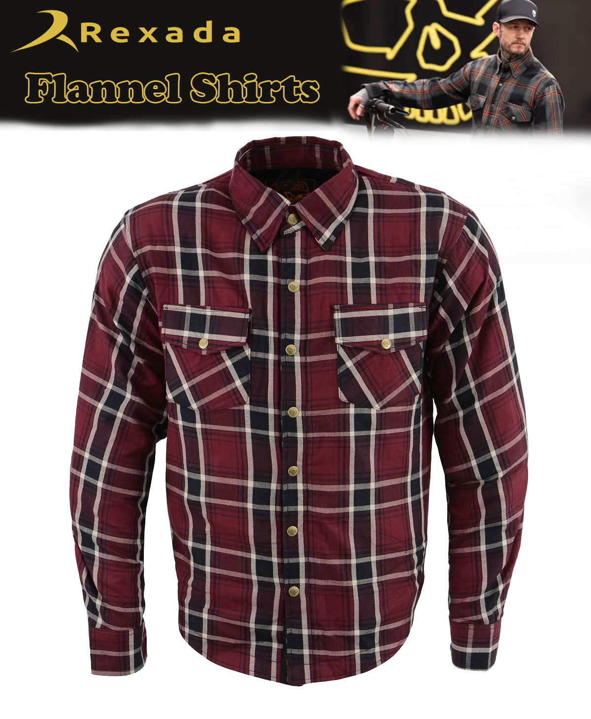 Men’s Plaid Flannel Biker Shirt with CE Approved Armor – Reinforced with Aramid Fiber