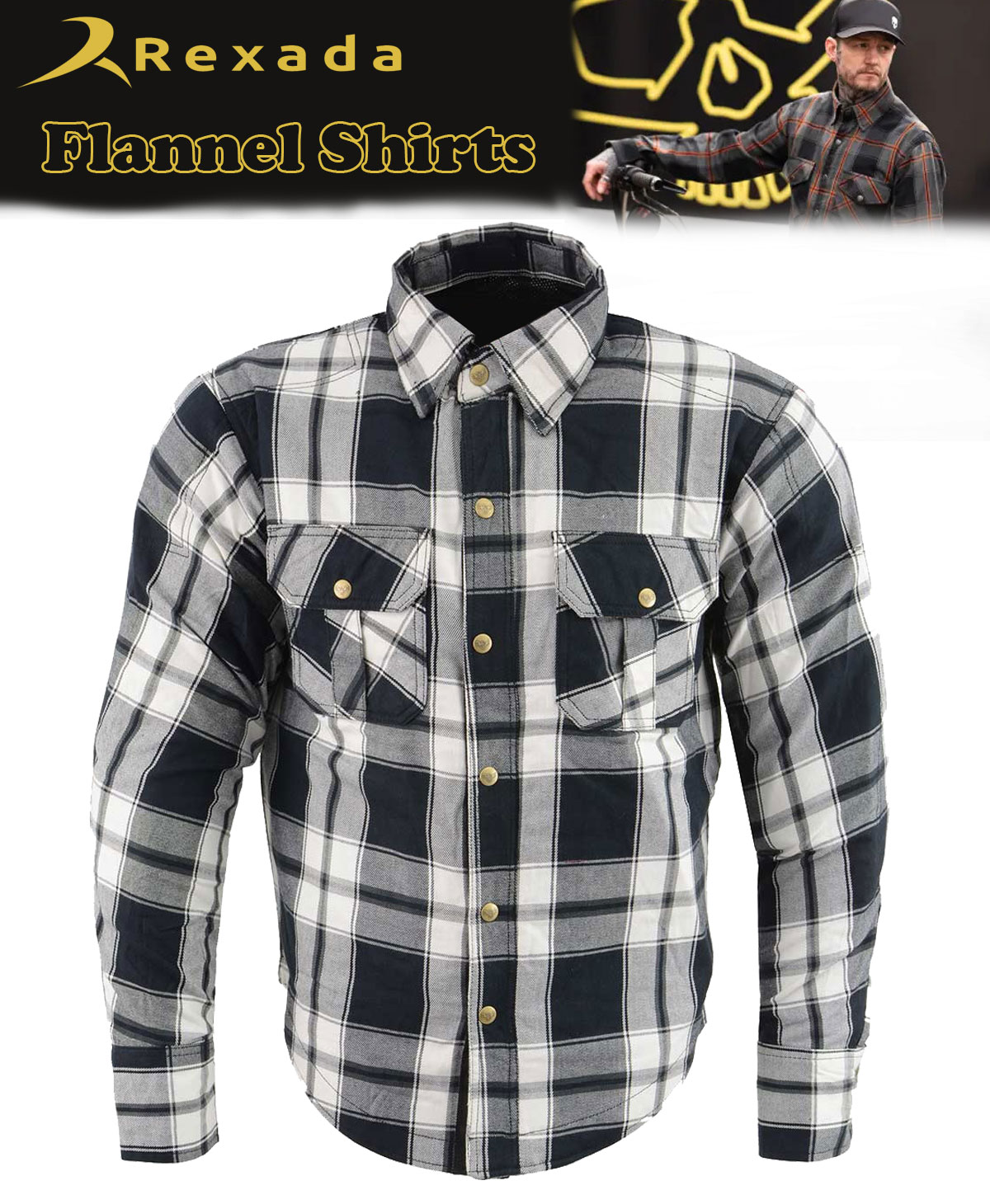 Men’s Plaid Flannel Biker Shirt with CE Approved Armor – Reinforced with Aramid Fiber