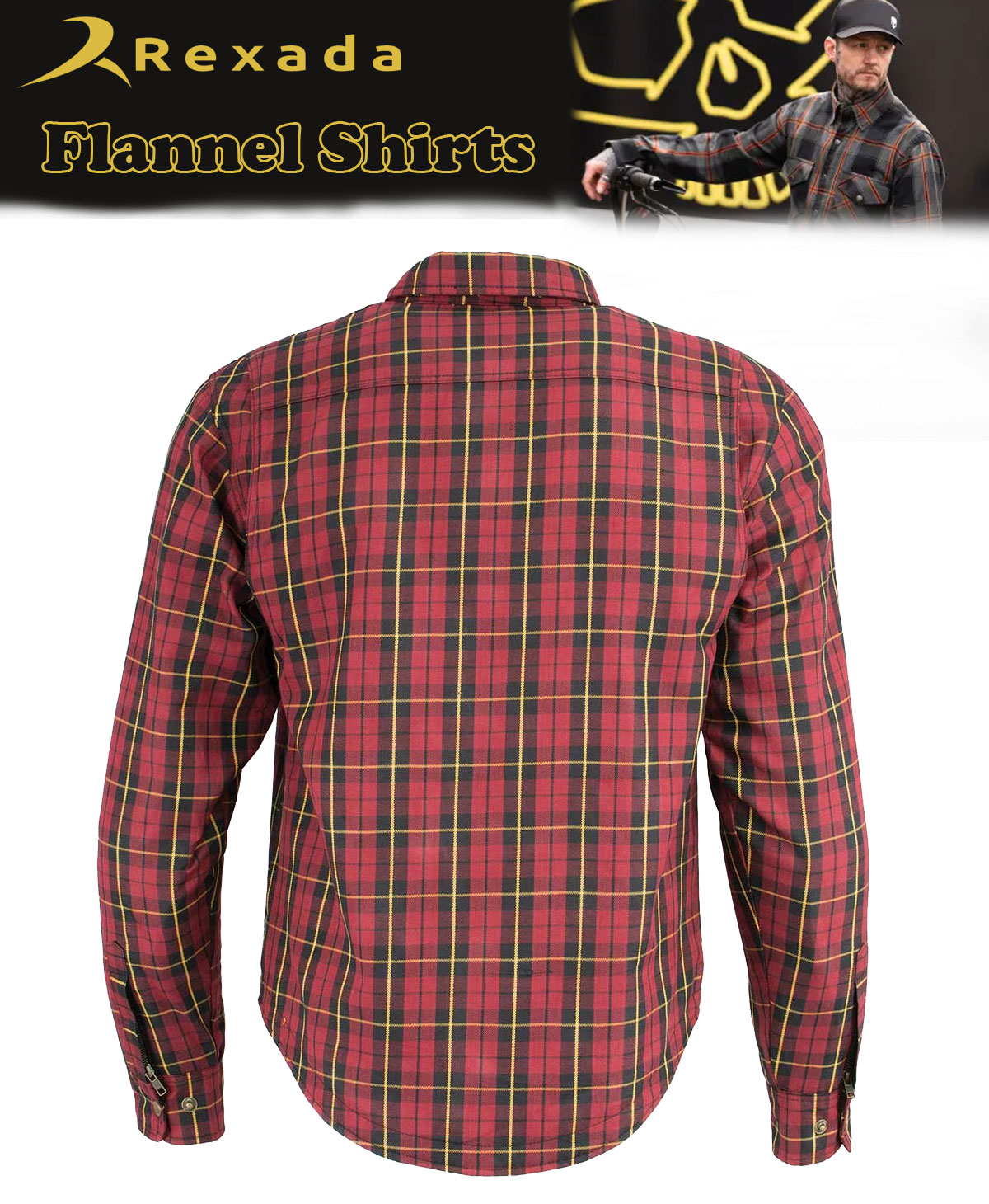 Men’s Plaid Flannel Biker Shirt with CE Approved Armor – Reinforced with Aramid Fiber