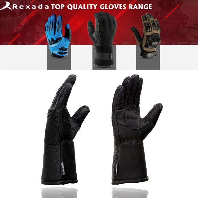 Men's Black Leather Waterproof Gauntlet Gloves with Stretch Knuckles