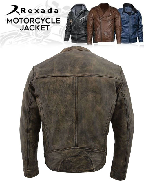 Men's Vented Black-Beige Distressed Leather Scooter Style Motorcycle Jacket w/ Liner  