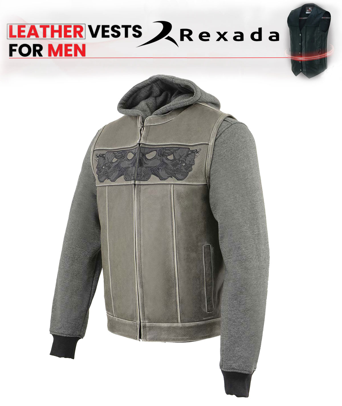 Men's Leather Vest w/ Removeable Hoodie - Distress Grey Reflective Skulls Motorcycle Vest