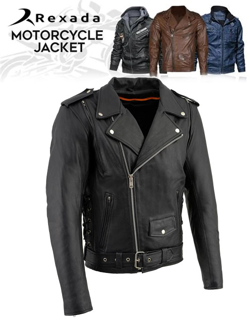 Men's Black Leather Vintage Brando Style Motorcycle Riders Jacket with Side Laces