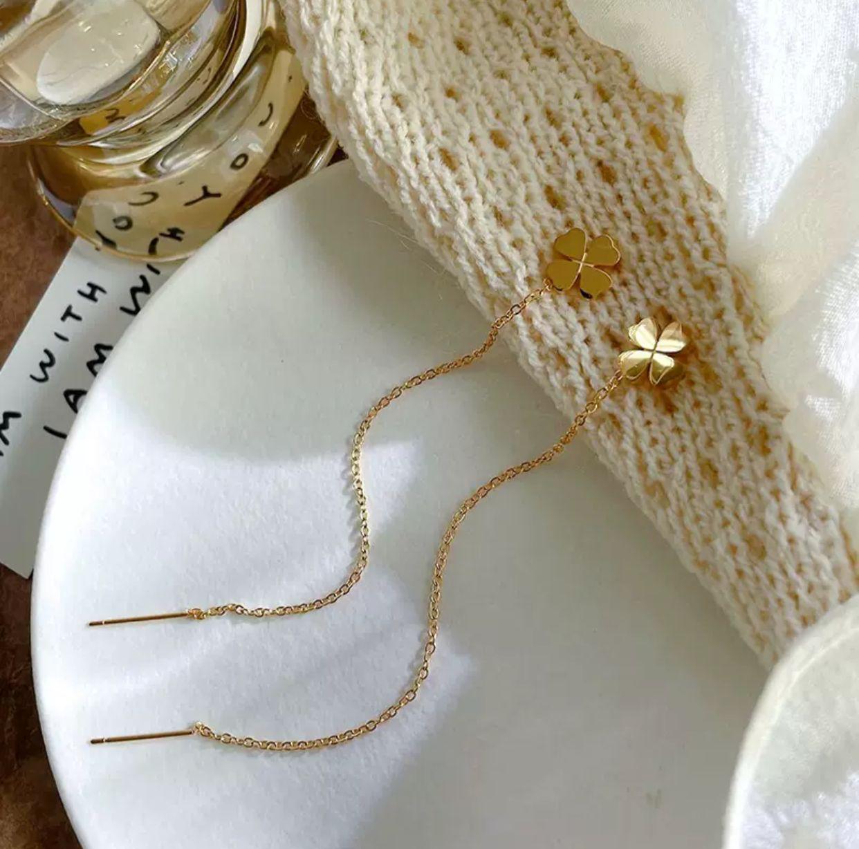 Golden Clover Threader Flower Earrings