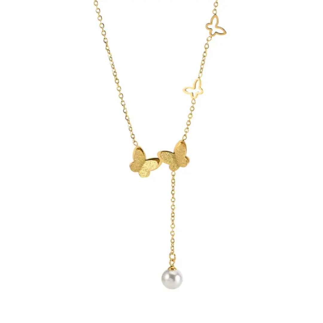Golden Butterfly Pearl Pendant Necklace