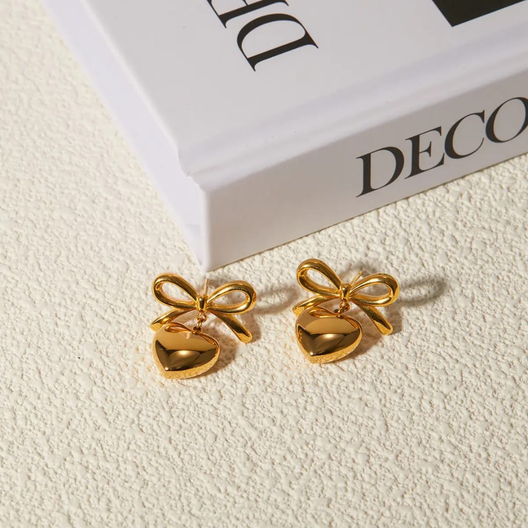 Golden Heart Bow Earrings