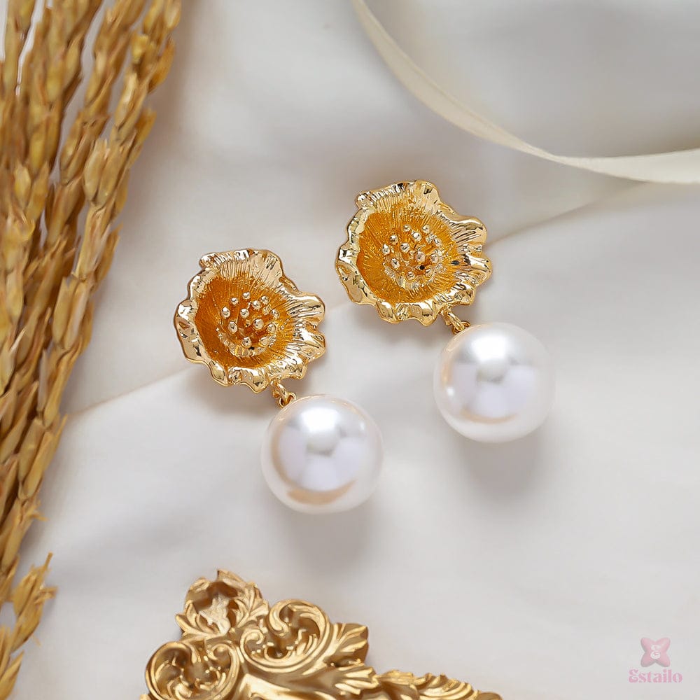 Golden Flower Pearl Shaped Drop Earrings