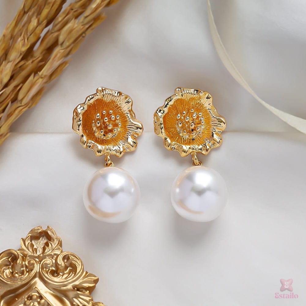 Golden Flower Pearl Shaped Drop Earrings