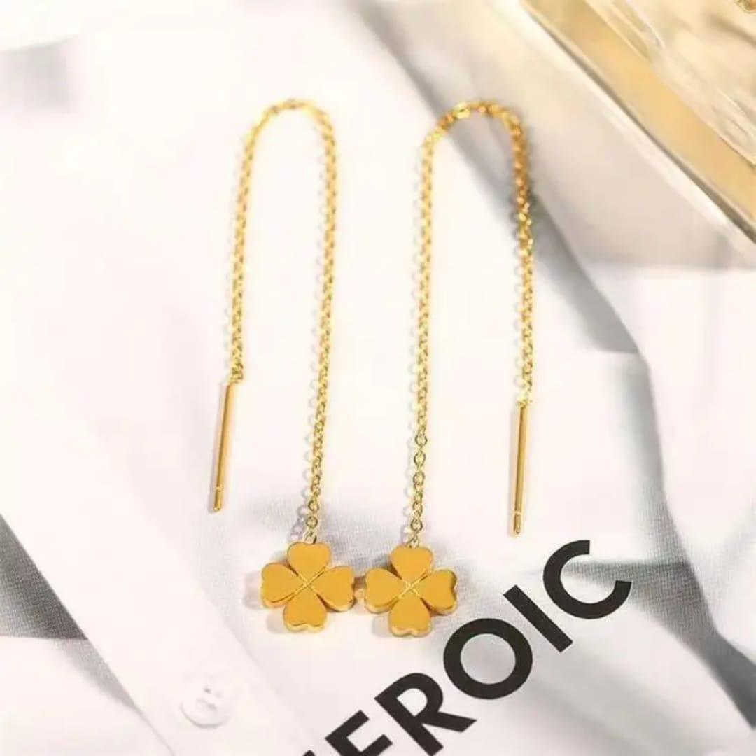 Golden Clover Threader Flower Earrings