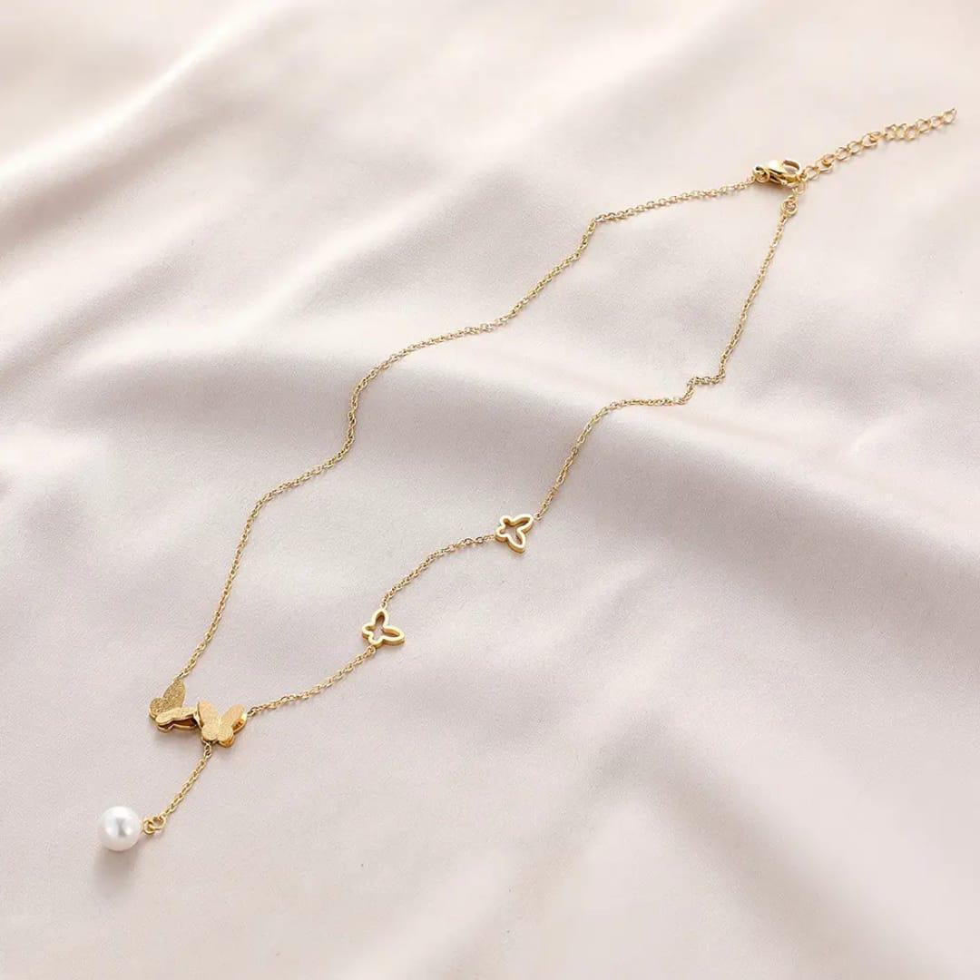 Golden Butterfly Pearl Pendant Necklace