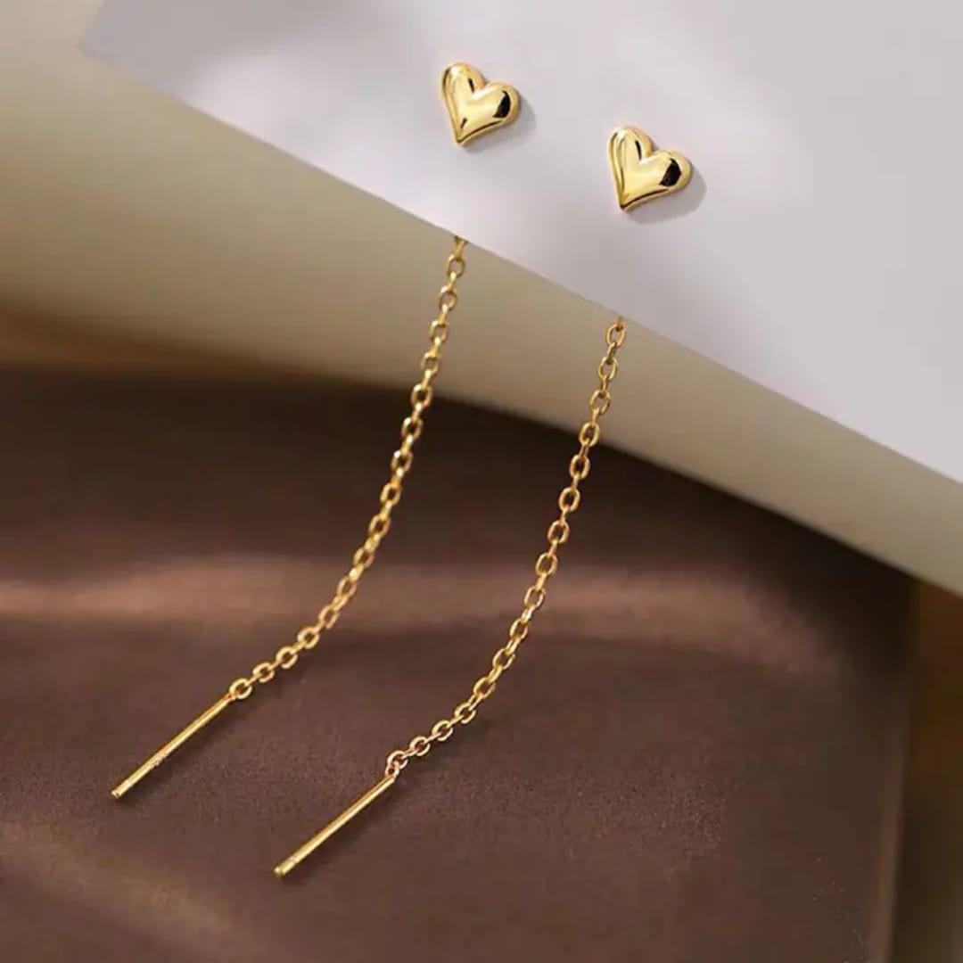 Golden Heart Threader Chain Earrings