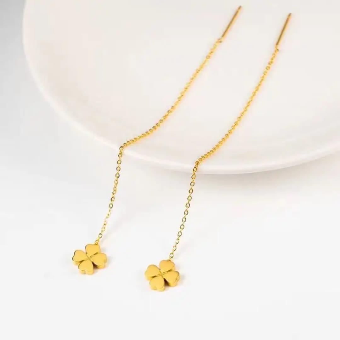 Golden Clover Threader Flower Earrings