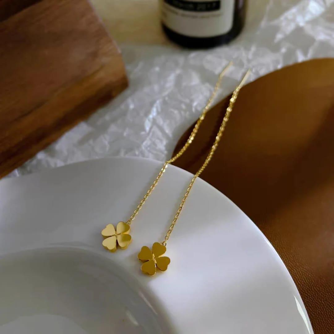 Golden Clover Threader Flower Earrings
