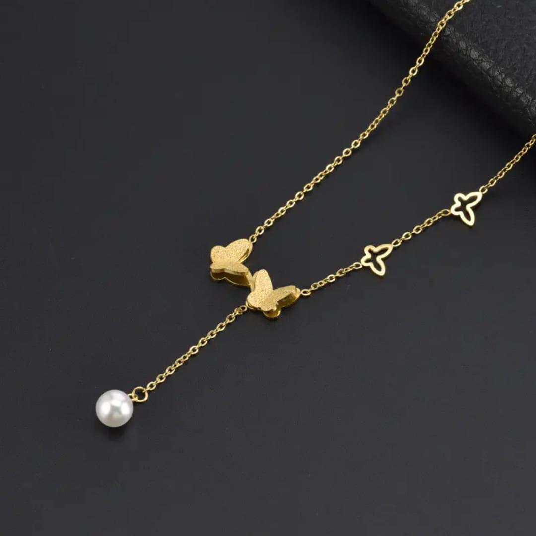Golden Butterfly Pearl Pendant Necklace