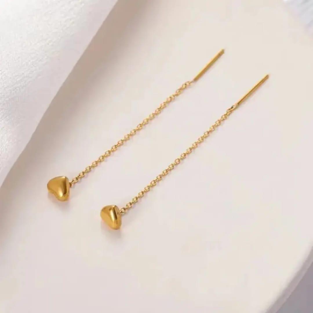Golden Heart Threader Chain Earrings